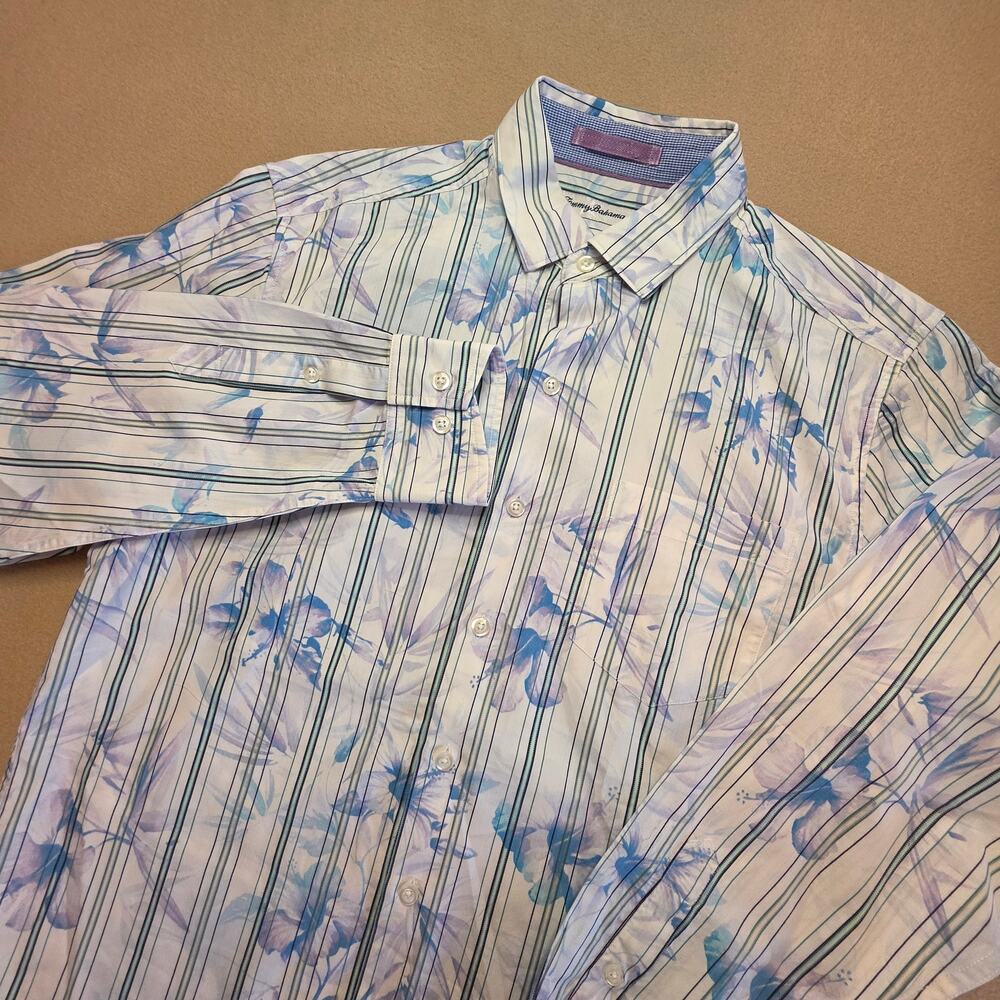 Tommy Bahama Tripoli Blooms Striped Floral Silk Blend Shirt White Blue Sz Small